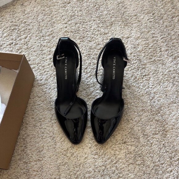 Vince Camuto Black Patent Pump Ankle Strap Block Heel Pointed Toe - Picture 4 of 6